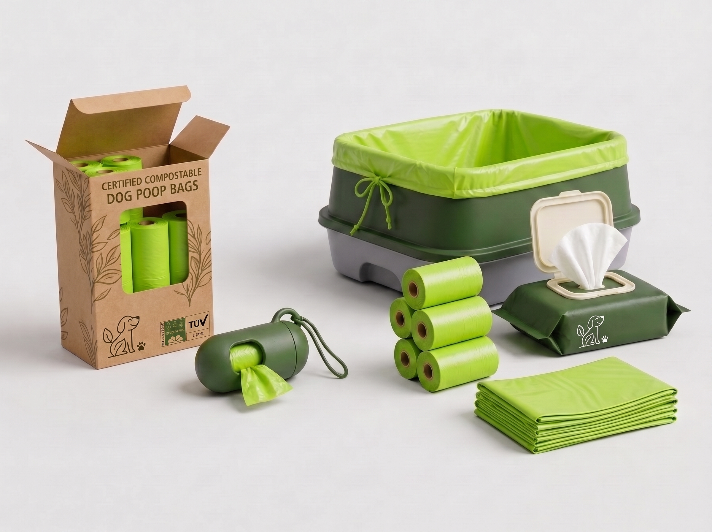 AoraForge compostable pet clean-up range with dog waste bags, cat litter liners, grooming wipes and leash dispenser